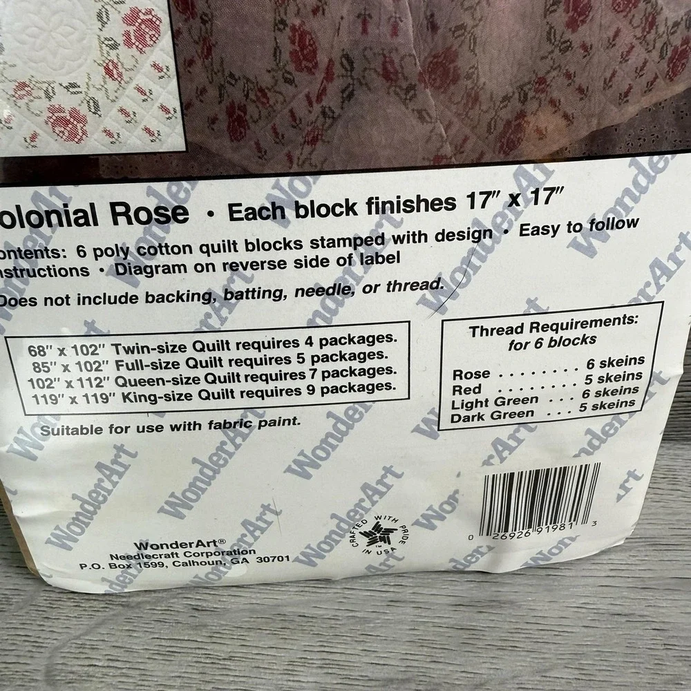 Vintage WonderArt Colonial Rose Quilt Blocks Cross Stitch 6 Precut White